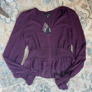 Lucy Paris Deep Plum Smocked Waist Button-Front Blouse